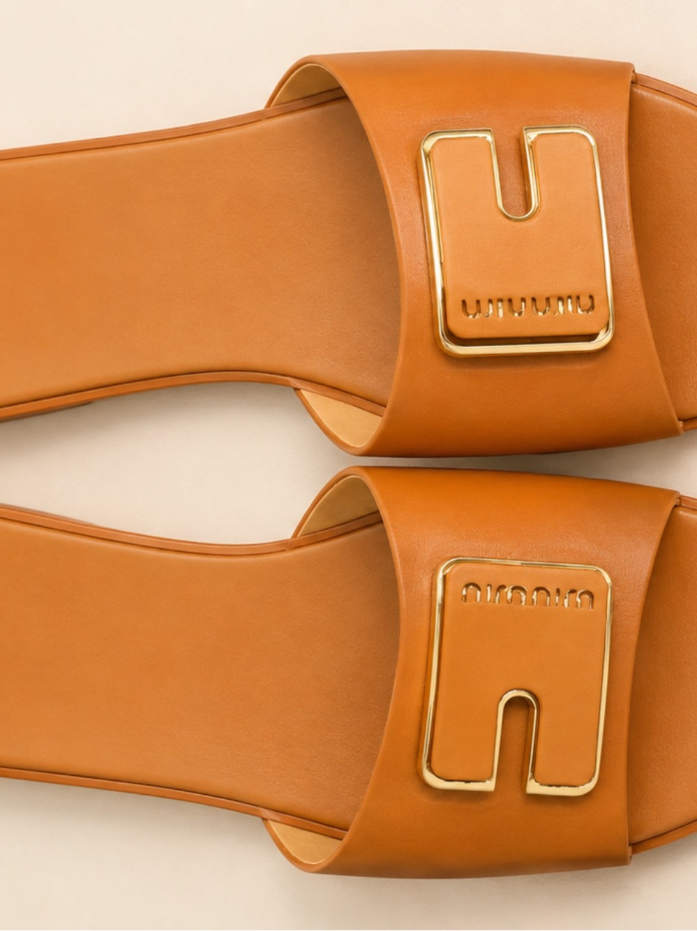 Women's Tan Slide Sandals with Gold Buckle Detail